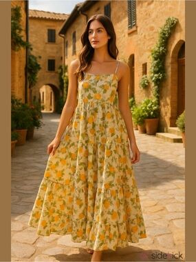 Women’s Floral Oranges Maxi Dress Size 3X Vacation Plus Europe Cottage Boho NWT